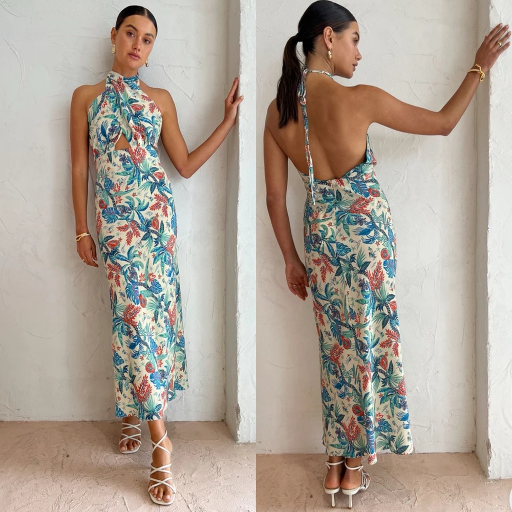 Shona Joy Malia Cross Front Halter Silk Midi Dress, Oatmeal/Multi, Size 10
